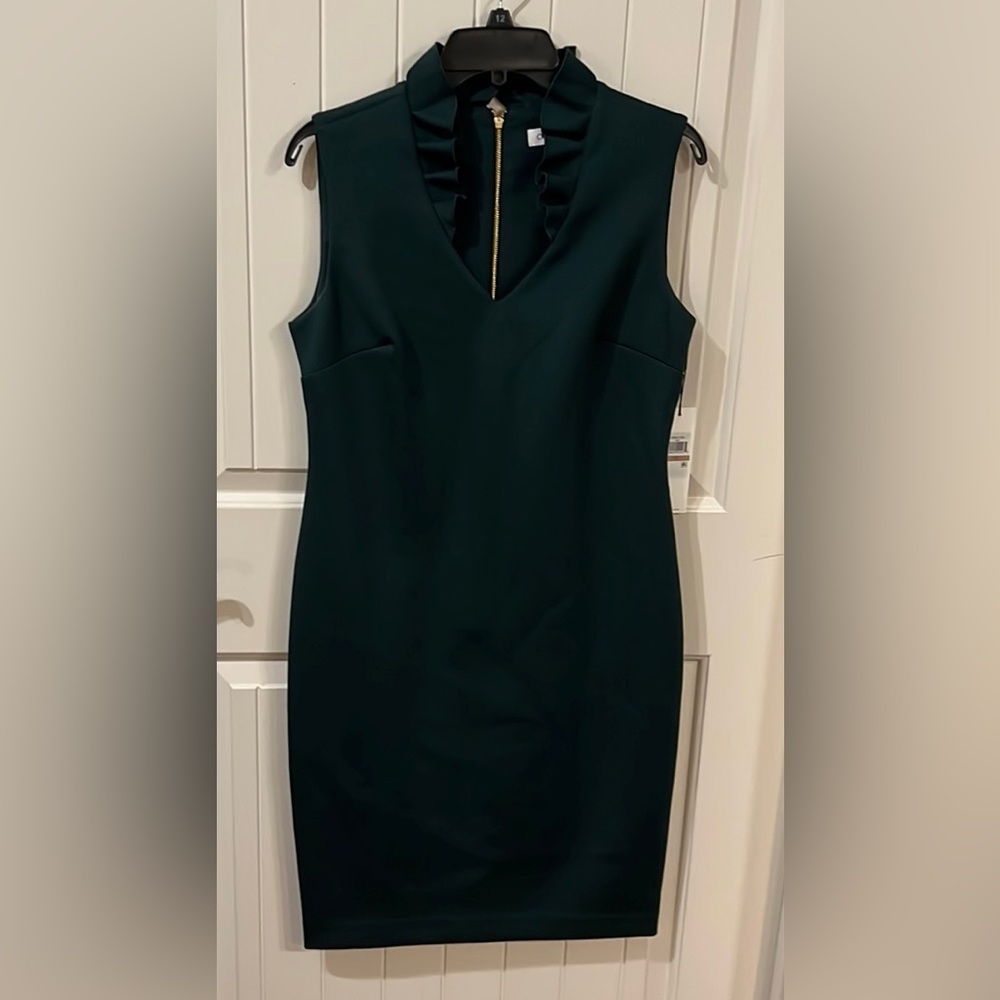 Calvin Klein Emerald Green Ruffle-Neck Sheath Dress